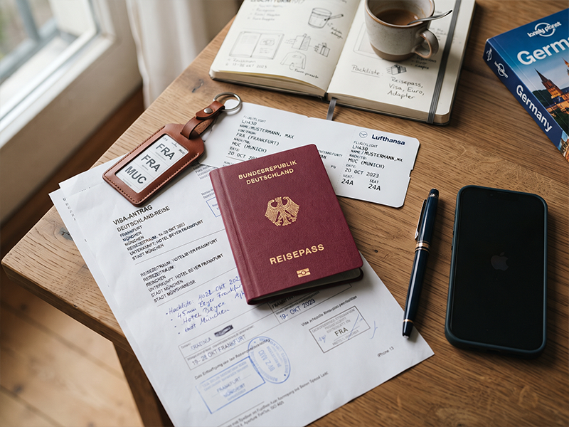 Deutscher Reisepass mit Visumsantrag und Reiseunterlagen