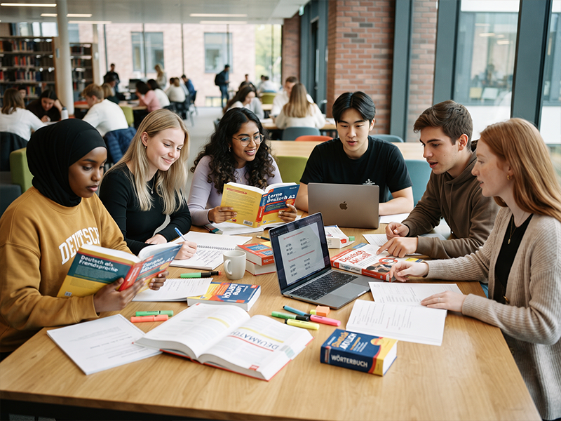 Studierende lernen gemeinsam Deutsch mit Lehrbüchern in einer Bibliothek