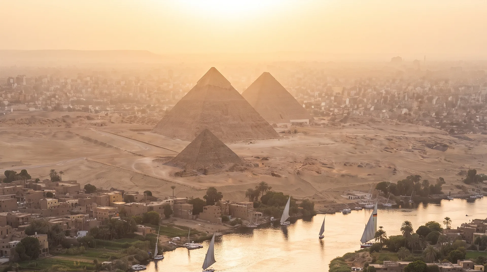 Blick über den Nil auf Kairo mit Feluken, Palmen und den Pyramiden von Gizeh im goldenen Morgenlicht